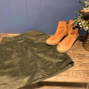 Olive green suede mini skirt